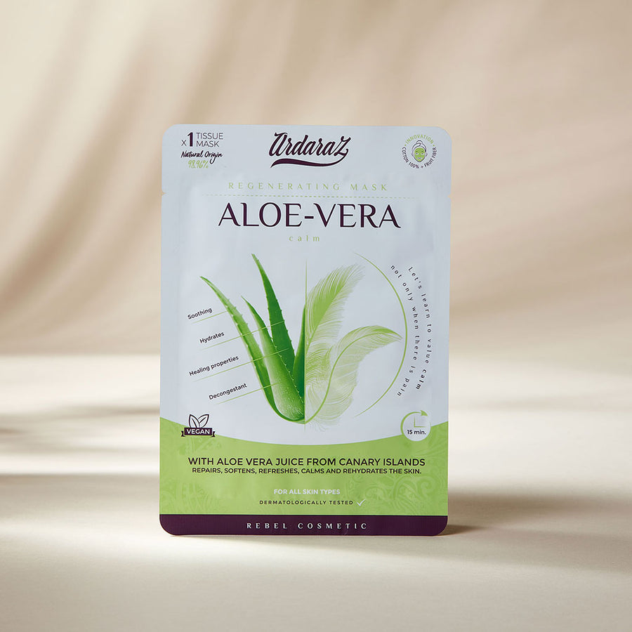 Ardaraz pack 5 mascarillas faciales hidratantes de Aloe Vera Canario. Alivia, suaviza y restaura la piel dañada por el sol y el frío