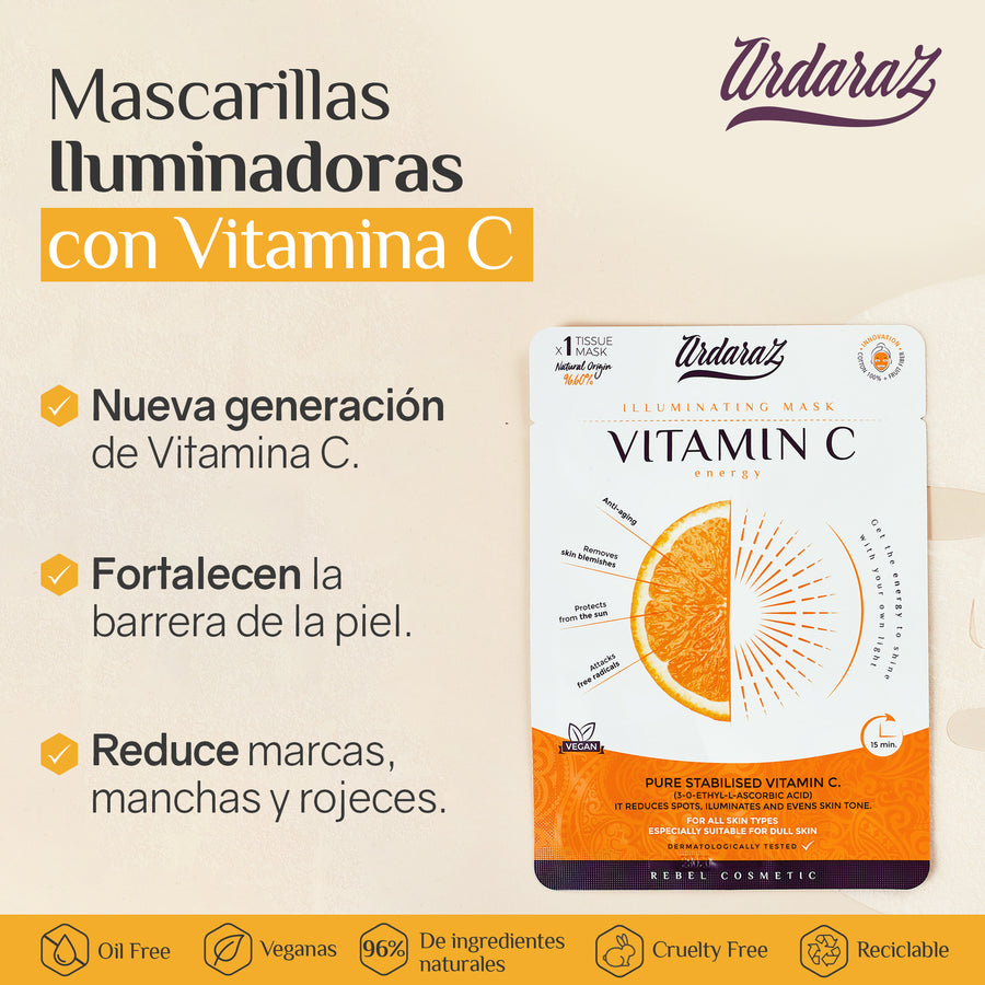Ardaraz pack 5 mascarillas faciales hidratantes iluminadoras Vitamina C y Ácido Hialurónico