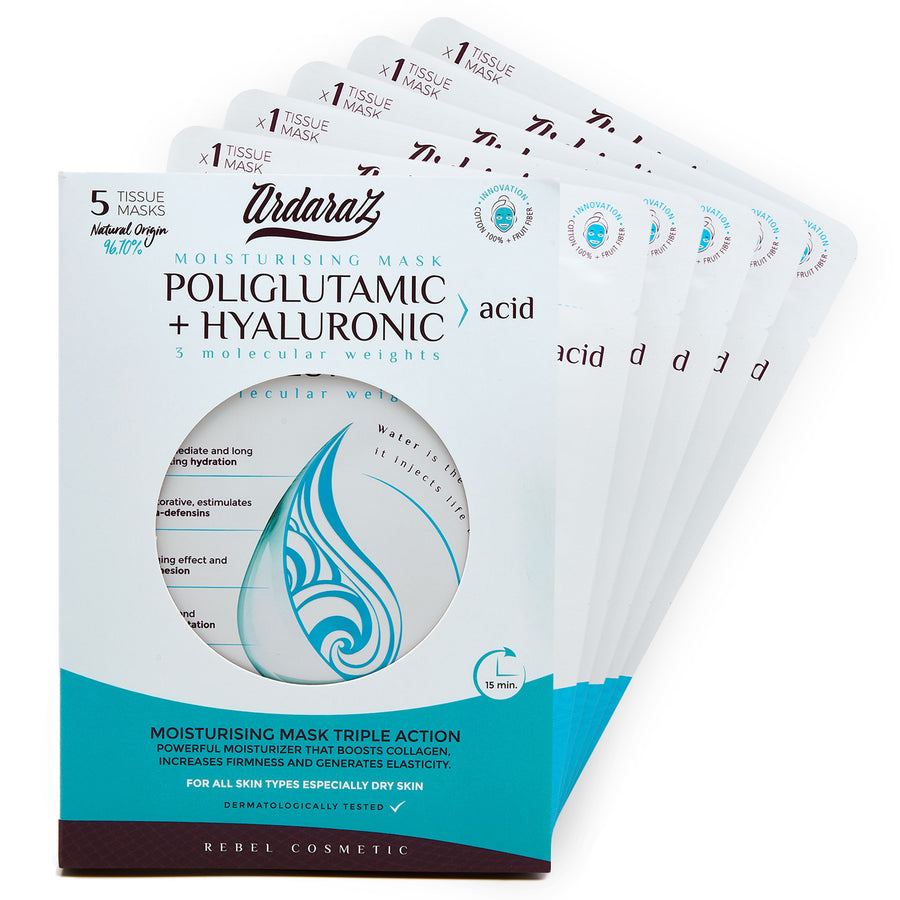 Ardaraz pack 5 mascarillas faciales hidratantes de Acido Hialurónico y Poliglutámico. Pack 5 unidades
